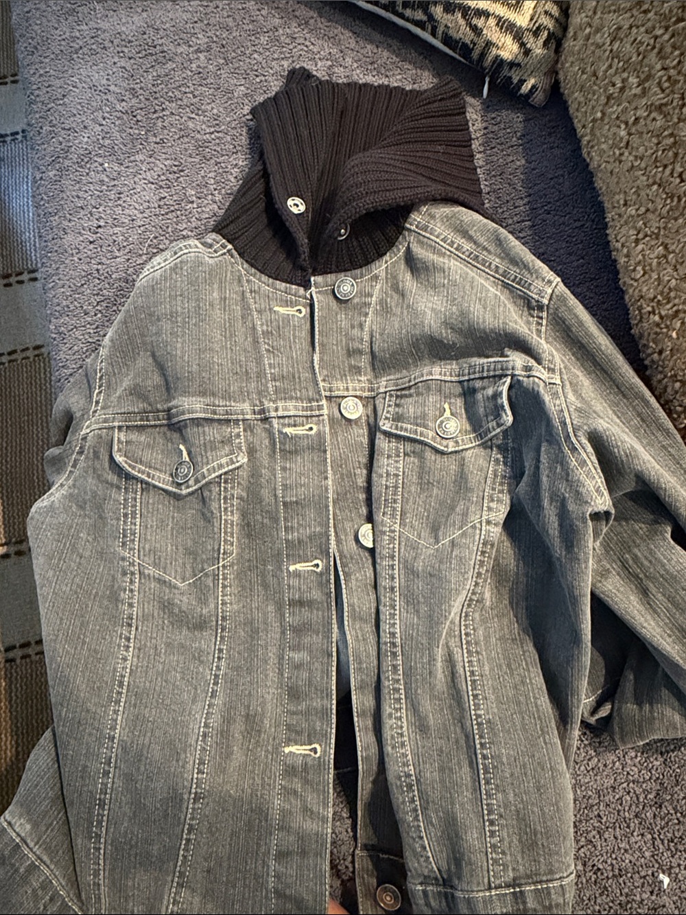 Gloria Vanderbilt Gray Denim Jacket with Black Knit Funnel Collar
